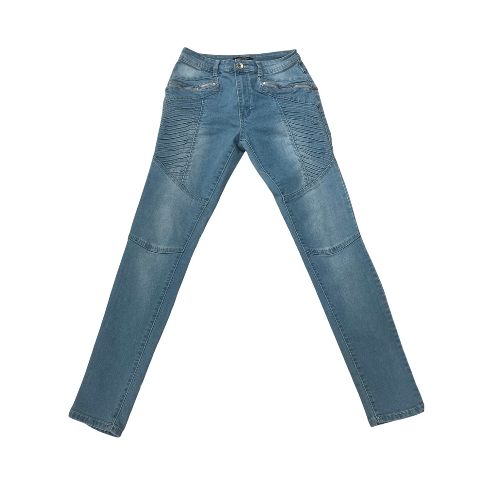 Redfox Jeans Womens Light Wash Moto Skinny Jeans Ribbed Pintuck Size 11 Blue